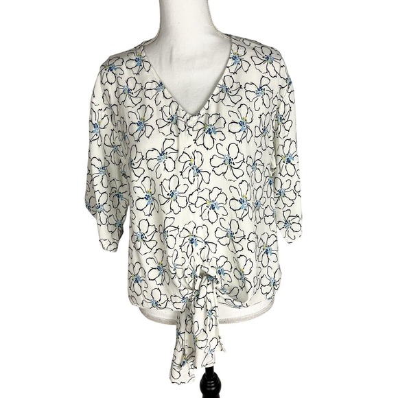 Karen Kane Tie Front Floral Top‎ Women's Size S White Blue V-neck Blouse Viscose - Picture 1 of 6